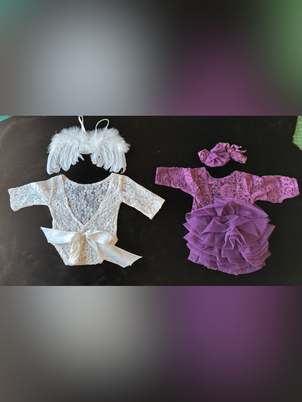 Newborn baby girl Lace Angel Costume Set and Purple tutu photo shoot outfits